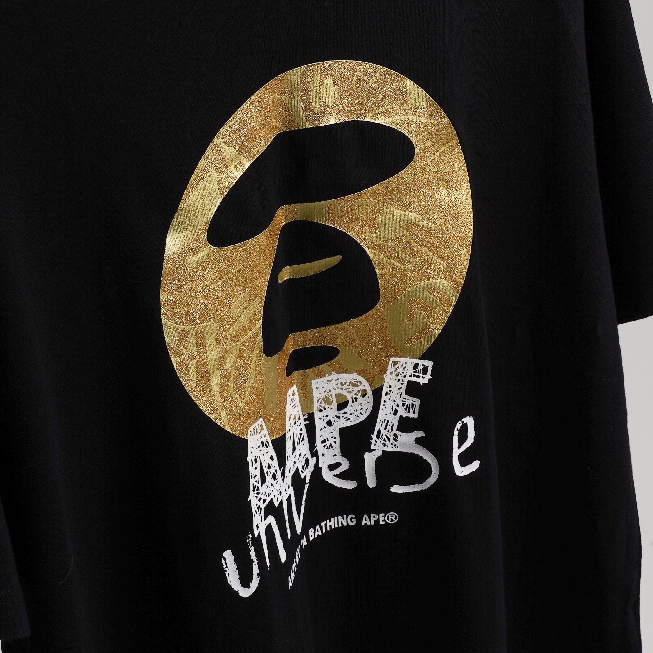 AAPE by A Bathing Ape Universe Gold Moonface Logo Print T-shirt Black